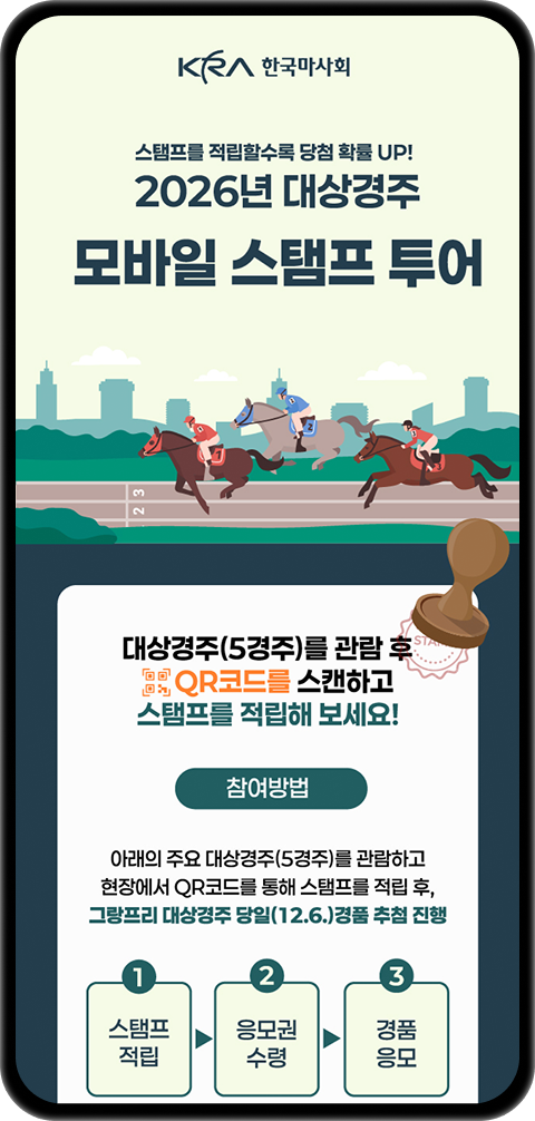 한국마사회 2026년 대상경주 모바일 스탬프 투어 안내 화면 — 5경주 스탬프 적립 후 그랑프리 당일 경품 추첨 안내