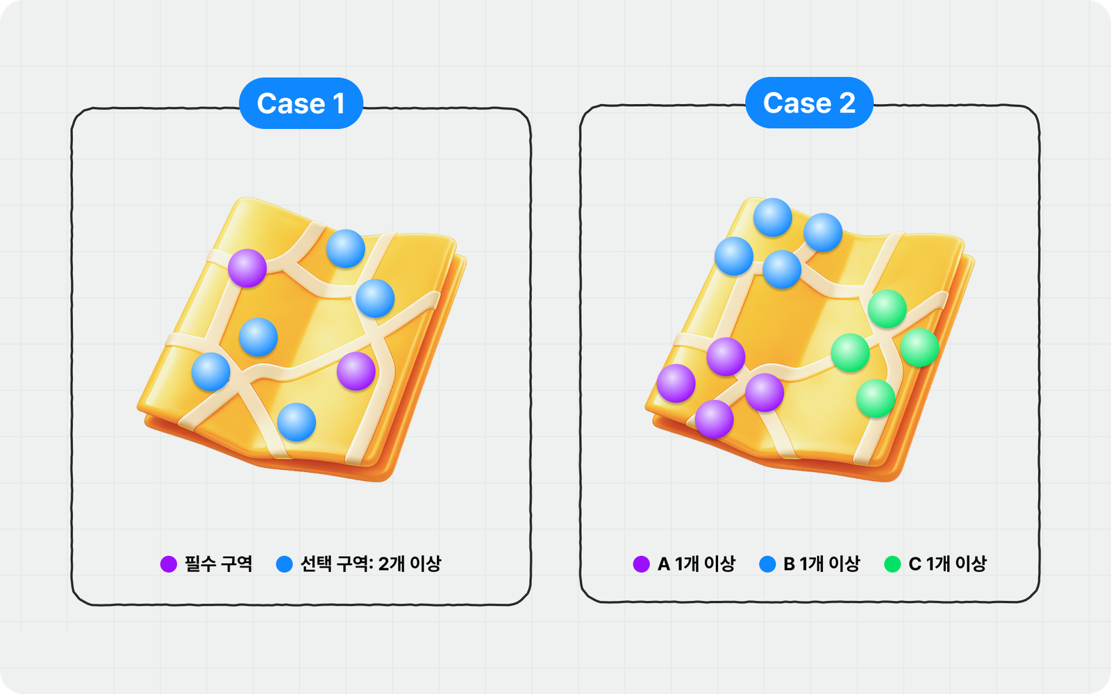 축제 스탬프투어 완주 조건을 총 개수 방식과 구역 조합 방식으로 비교한 카드