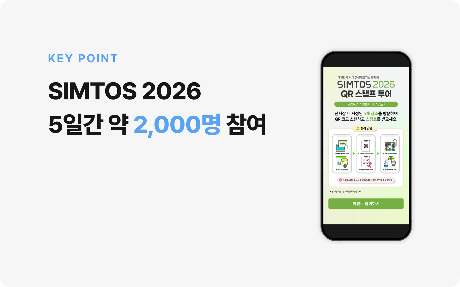 SIMTOS 2026 박람회 4개 홀 배치와 QR 스탬프 존을 안내한 이벤트 시작 화면