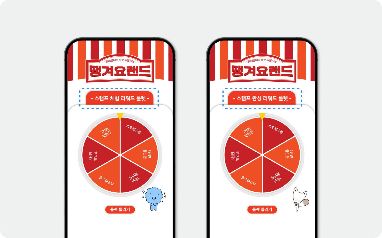 땡겨요랜드 팝업 두 단계 룰렛 — 스탬프 체험 리워드 룰렛(1~4개)과 완성 리워드 룰렛(5개), 각 6구획에 3천원·5천원 QR 주문 할인권과 스트레스볼