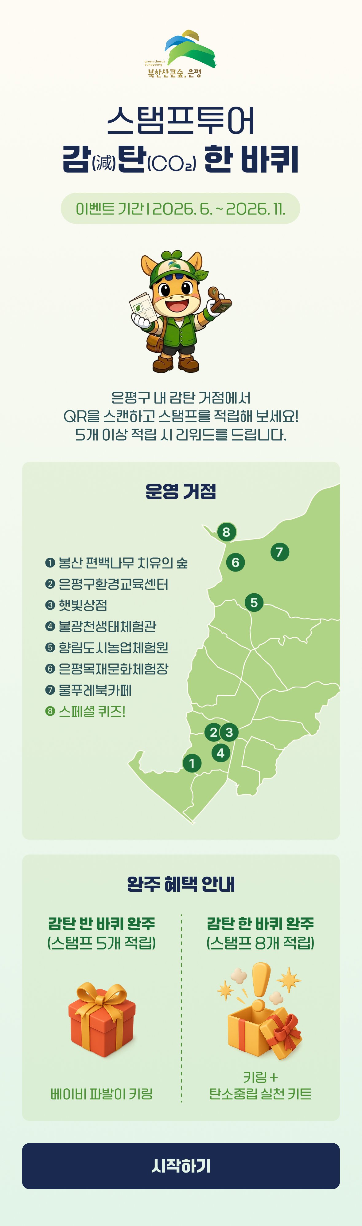 은평구 감탄 한 바퀴 스탬프 투어 시작 화면과 8개 환경 거점 지도